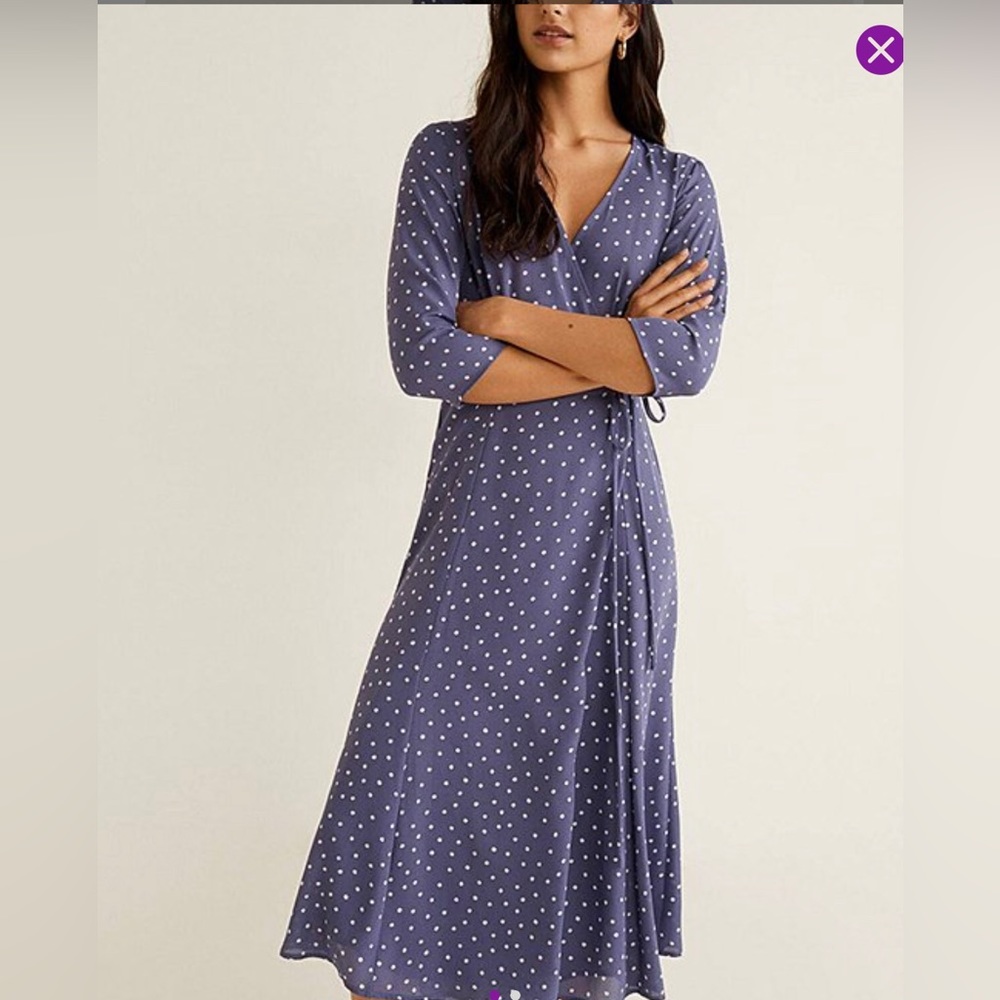 Mango - Periwinkle/white polka dot wrap around dress